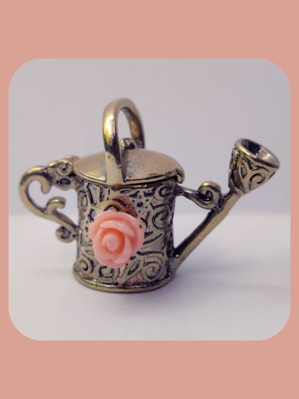Garden Watering Can Pendant Locket Victorian-Inspired Golden w/Peach Flower 1:12